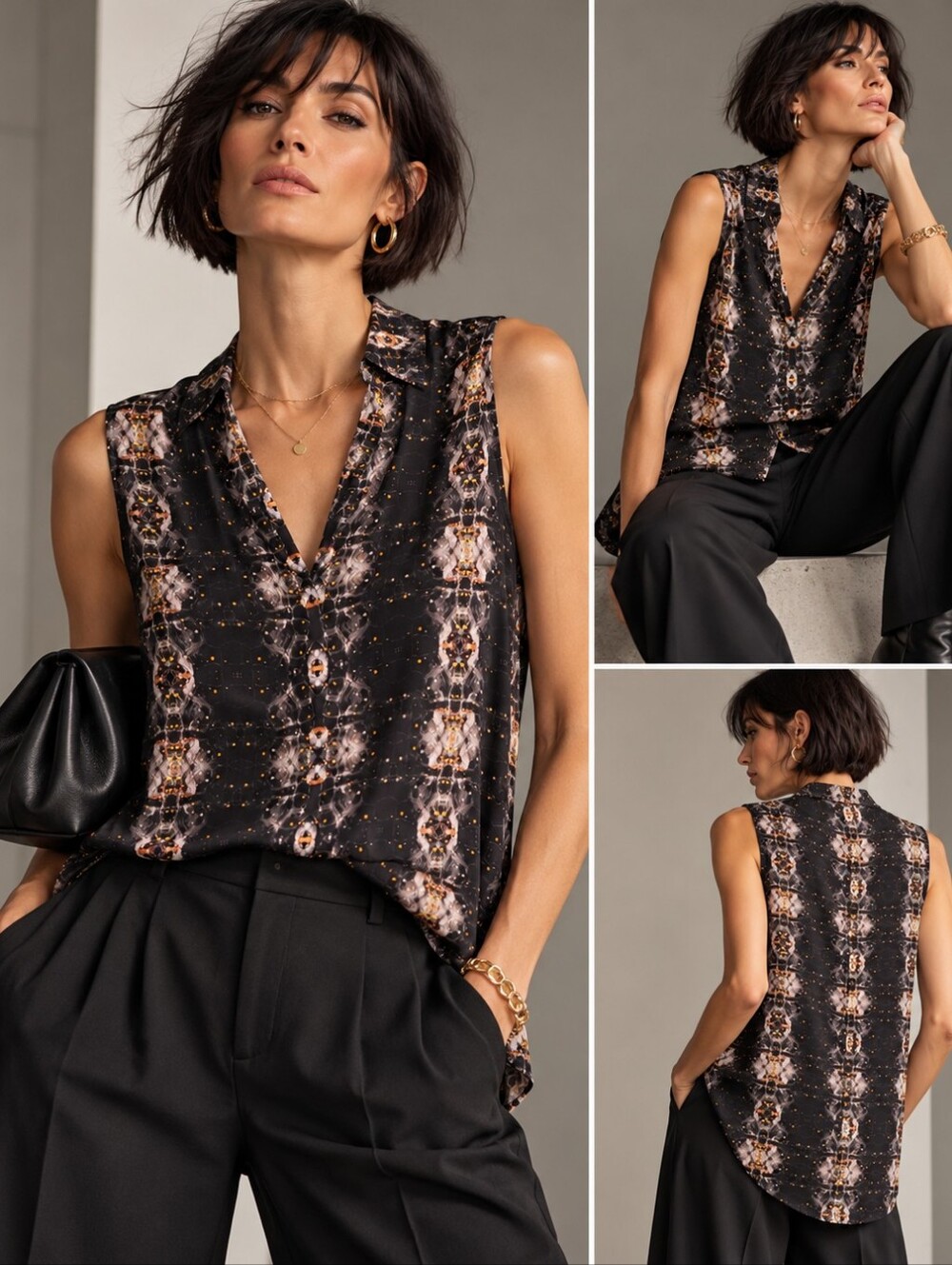 Sleeveless Printed V-Neck Blouse - Black & Cream